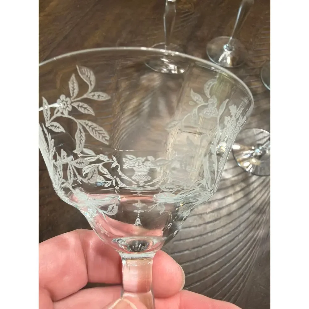 Vintage Etched Champagne Coupe Glasses Set of 7 Floral Wheat Stemware 5.75